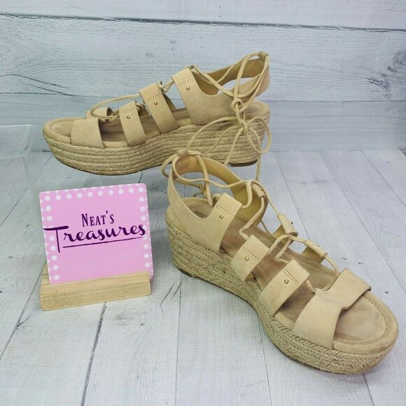 Michael Michael Kors Womens ST16A Beige Lace Up  Wedge Heels Sandals Sz 8.5 M - Picture 1 of 8